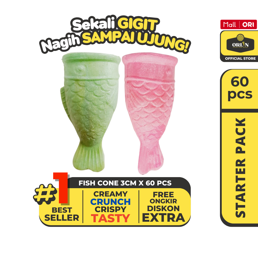 

ORLIN Starter Pack Wafer Fish Cone Ice Cream 3cm x 9cm Isi 60pcs Sekali Gigit, Nagih Sampai Ujung