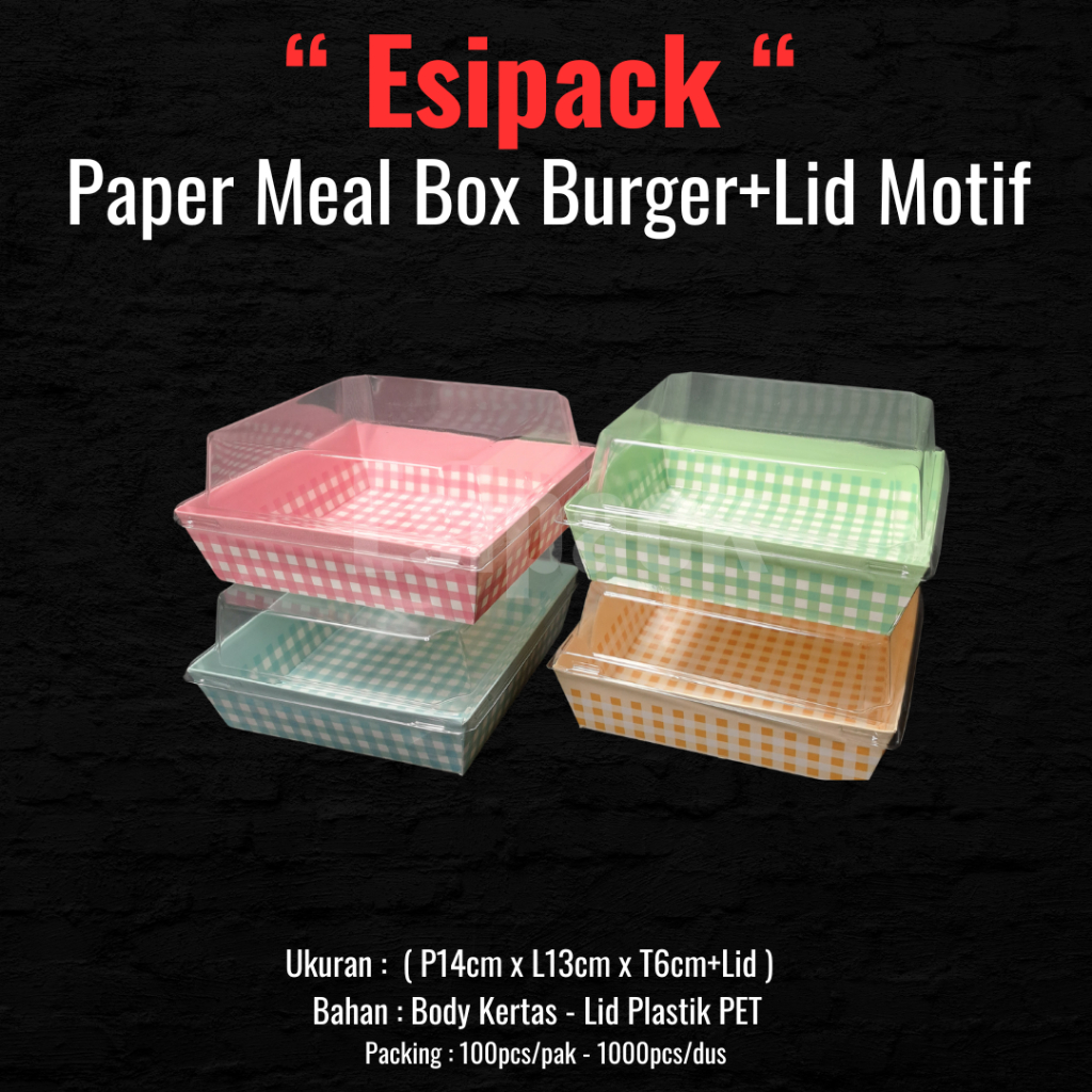 Paper Meal Box Burger Motif + Tutup Mika , Lunch Box  Cake Box Kue (10pcs)