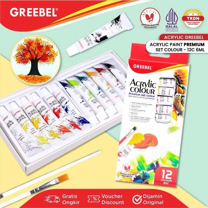 

GREEBEL Cat Lukis Akrilik / Cat Acrylic Colour Kanvas 6 ML (CAT AKRILIK 12 WARNA X 6 ML) / Acrylic Paint Color / Cat Lukis Canvas / Cat Melukis