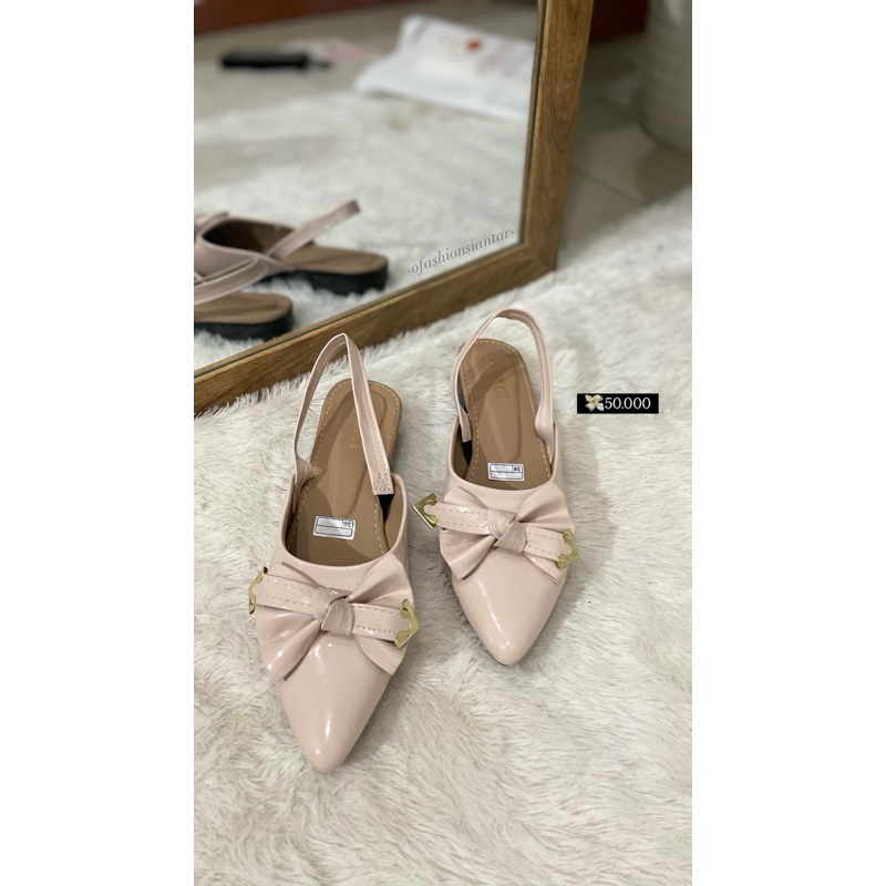 OFASHION Sepatu mules tali belakang pita wanita flatshoes