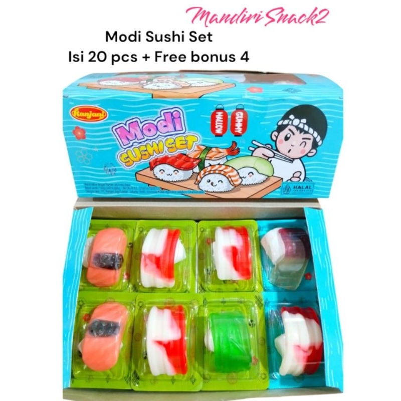 

RINJANI MODI SUSHI SET NEW GUMMY MELLOW | 1 BOX ISI 20 + FREE BONUS 4 PCS EXP AMAN 192 GRAM