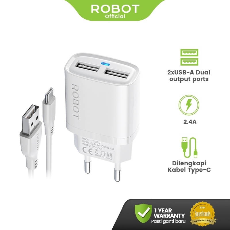 ROBOT Adaptor Charger 12W Dual-Port Kepala Charger Android/iPhone 2.4A with Type-C Cable LED Indicat