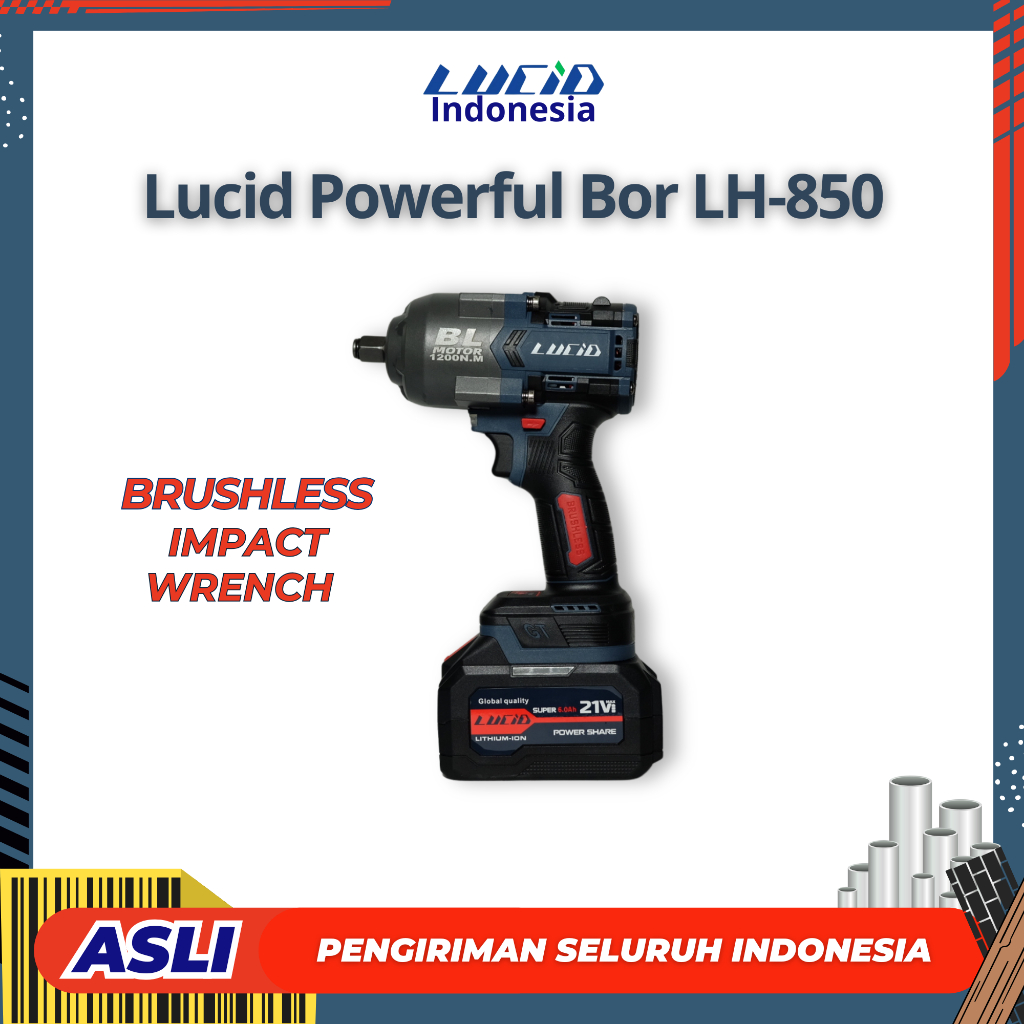 Lucid Bor LH-850, 2 Baterai Powerful Brushless Impact Wrench | 21V Li-ion Baterai 6.0Ah | Bor Beton 