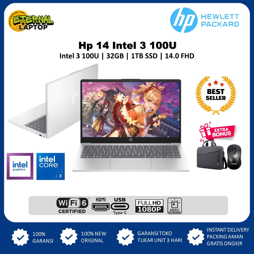 Laptop Baru Hp 14 slim intel Core i3 Gen14 32gb 1tb ssd 14 inc fhd ips Backlight win 11 original