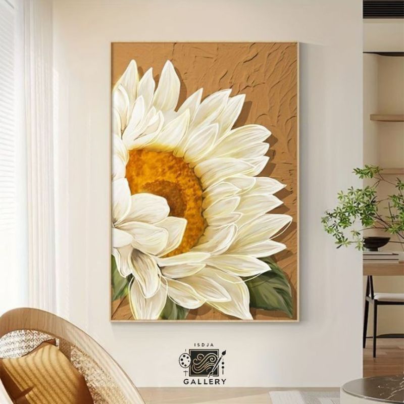 lukisan bunga matahari primordial aesthetic Lukisan Bunga Putih Teksture Modern Dinding Tebal Abstra