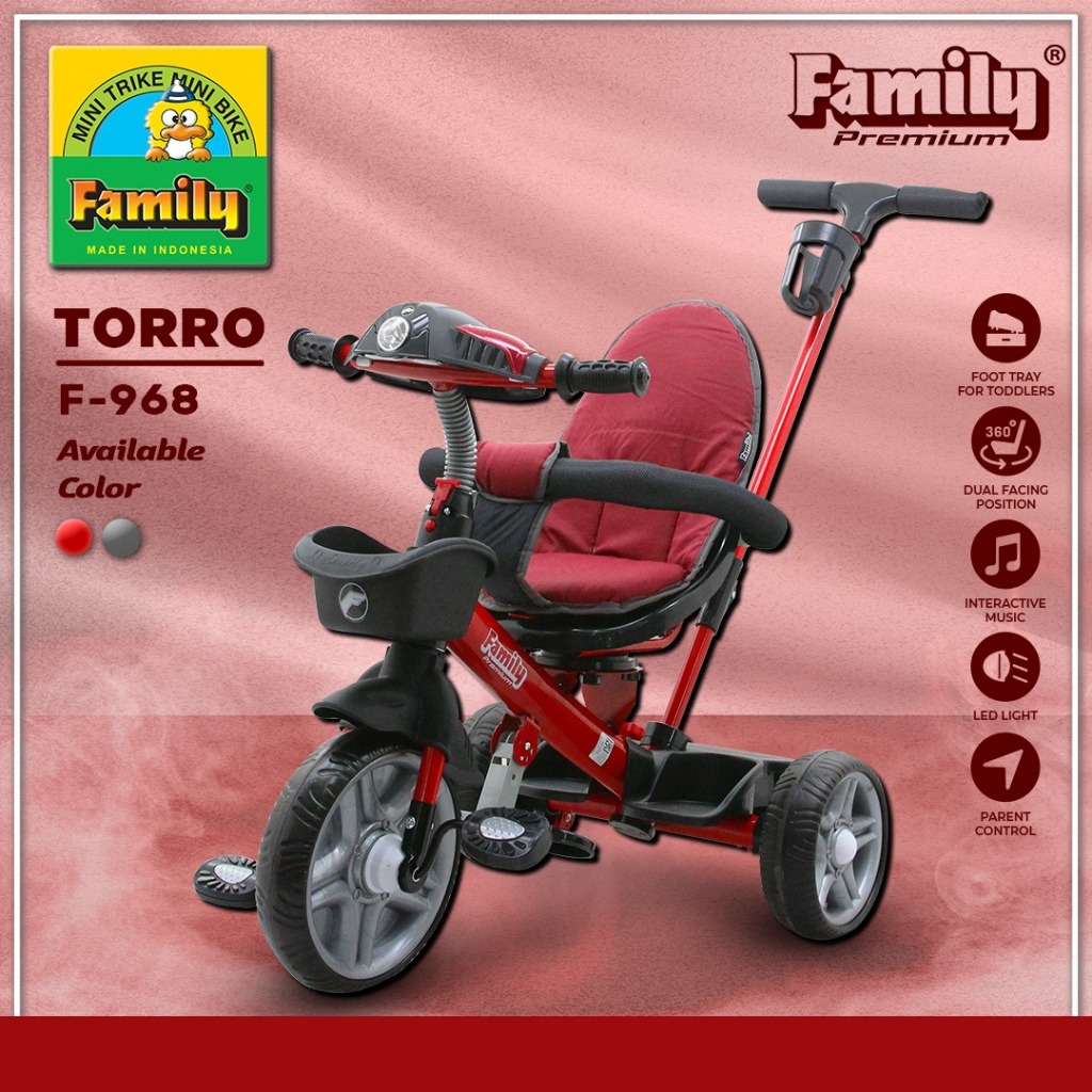 Family Sepeda Anak Roda 3 Toro / Stroller Anak Dorongan dan Musik interaktif F-968