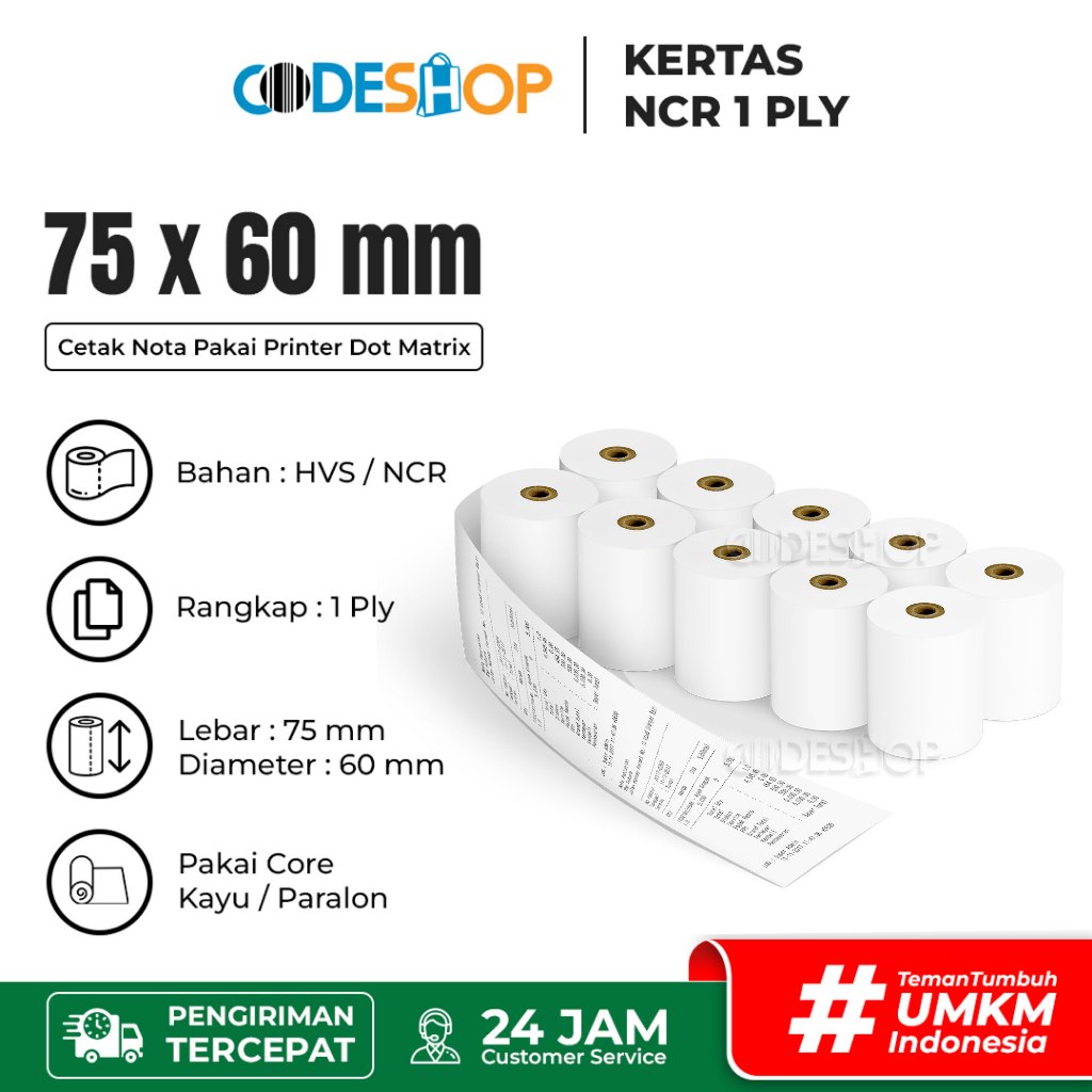 

Kertas Struk Kasir NCR 75x60 mm Paper Roll Dot Matrix Rangkap 1 Ply