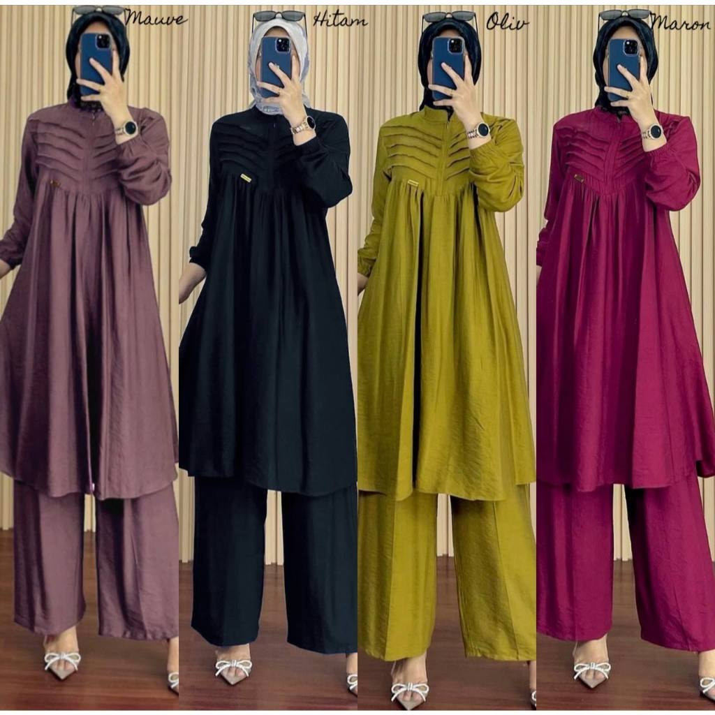 one set tunik linen polos setelan wanita viral 2025 otd muslimah lupita