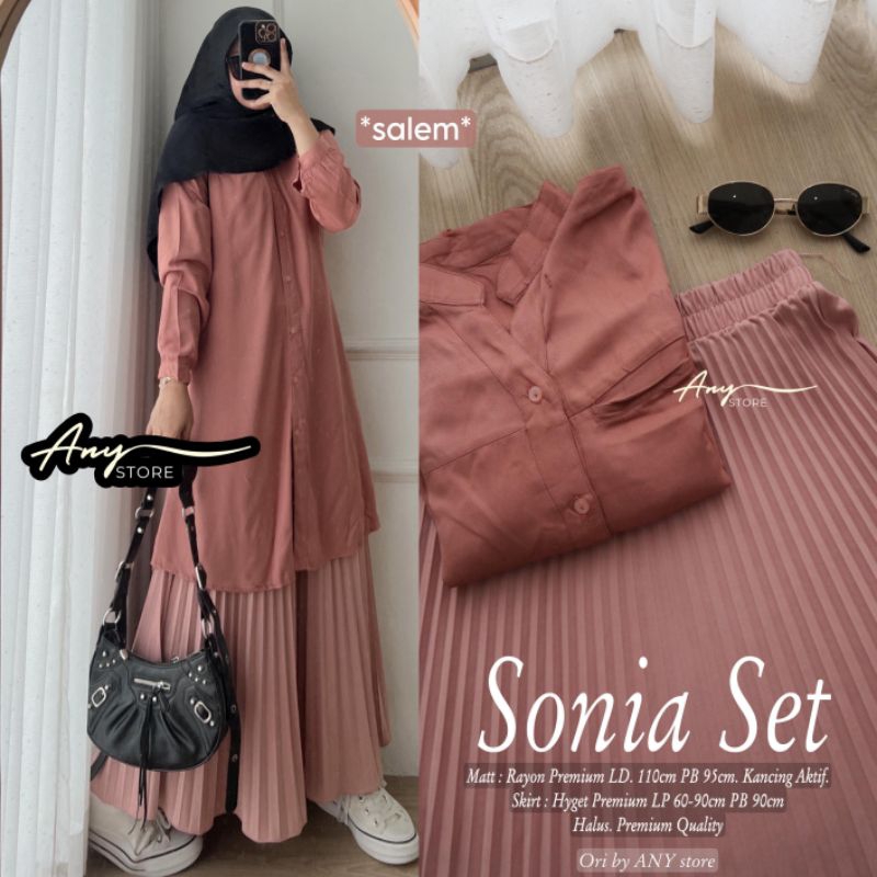 SONIA SET BY ANY STORE SET ROK PLISKET ATASAN TUNIK RAYON PREMIUM LD 110 SET ROK PLISKET