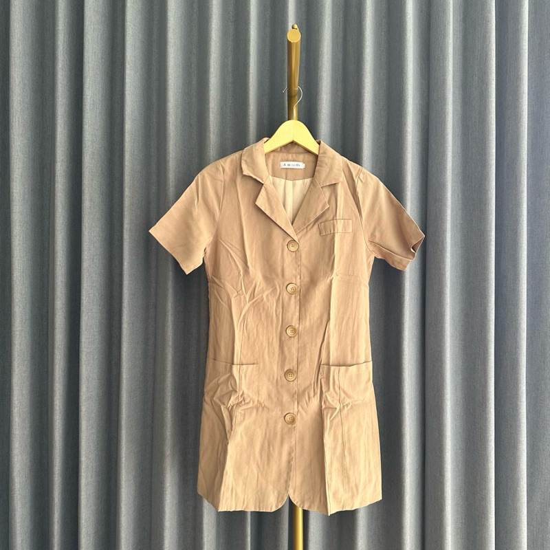 𝙋𝙍𝙀𝙇𝙊𝙑𝙀𝘿 Beige Buttons Down Short Sleeve Basic Shirt Mini Dress Casual Fashion Wanita