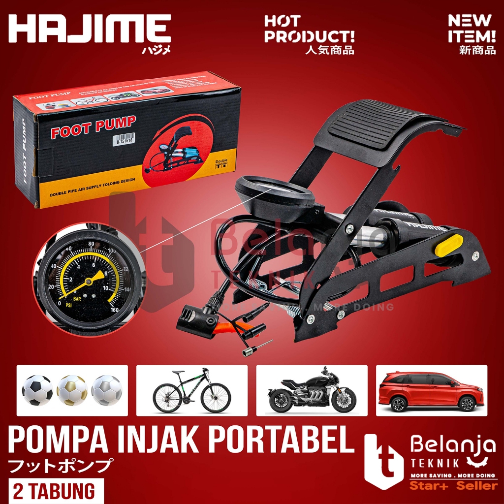 Pompa Kaki Injak 2 Tabung Hajime Alat Isi Angin Ban Sepeda Motor