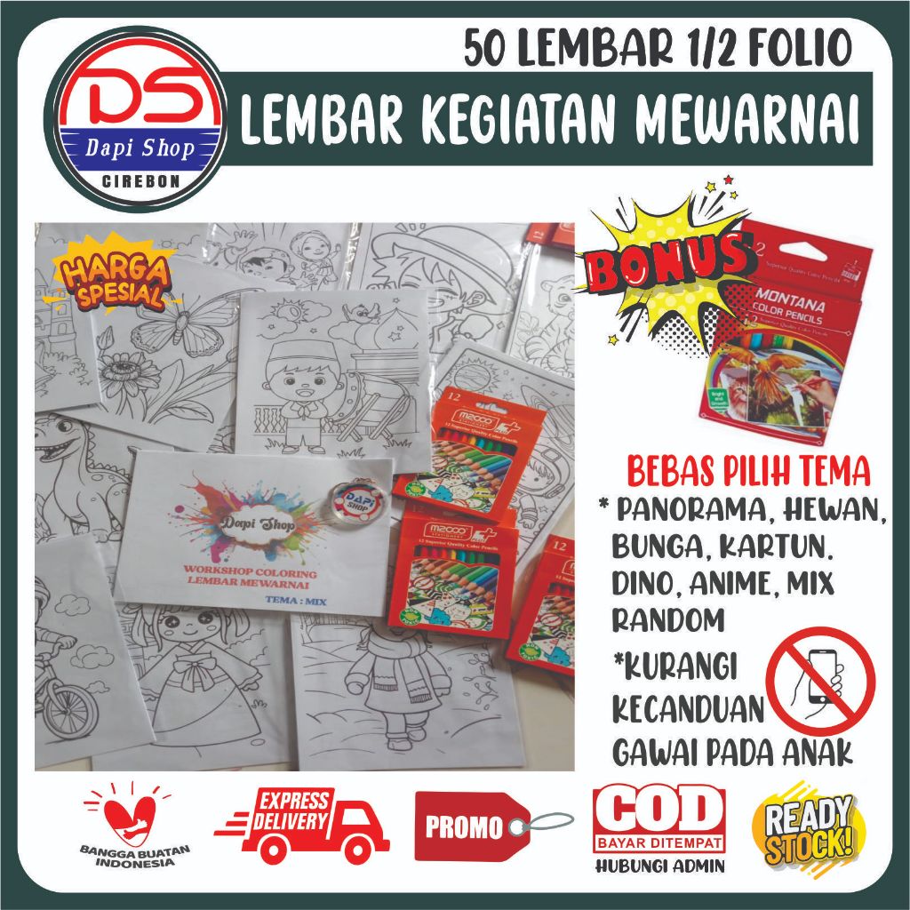 

50 LEMBAR MEWARNAI BERBAGAI TEMA FREE GRATIS PENSIL WARNA TERMURAH