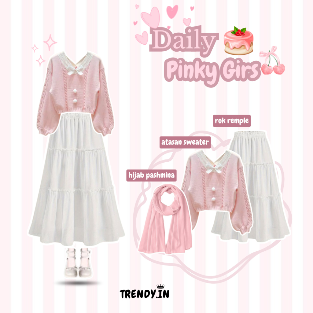 TRENDY.IN - Setelan Rok Susun Putih + Sweater Rajut + Hijab Pashmina OneSet Outfit OOTD Kekinian