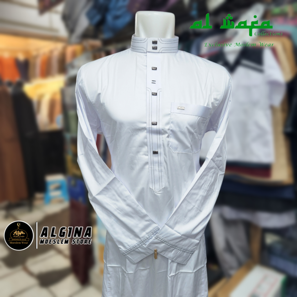 Gamis Al Wafa Putih Lengan Panjang Cuff Satin Korea Embos Kancing Thailand Plat kantong | Jubah Musl