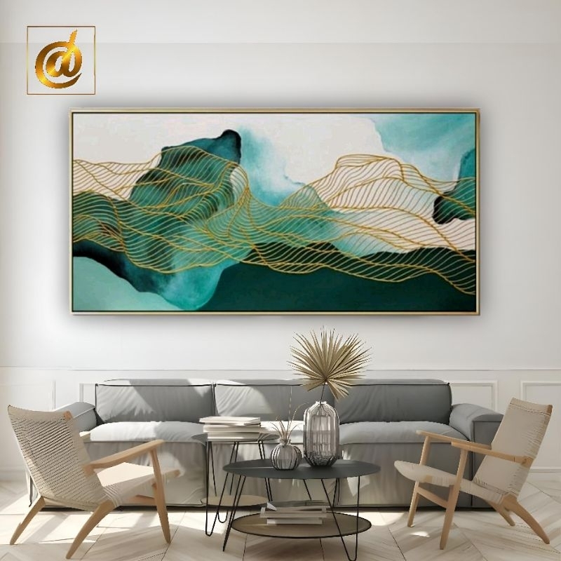 lukisan abstrak modern green gold 120x60 cm plus frame