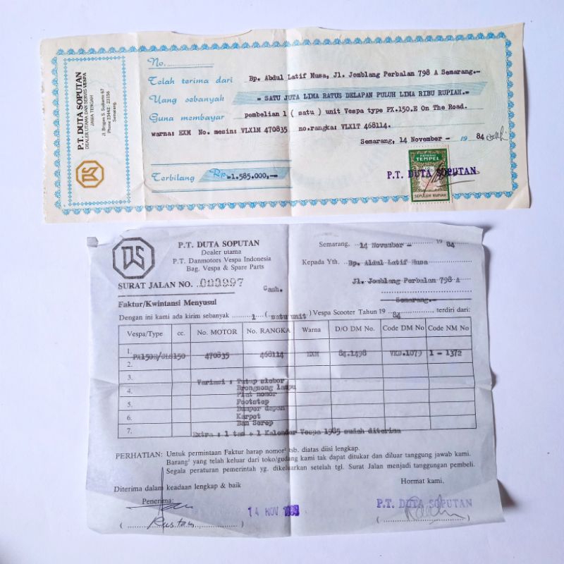Antik Otomotif Kwitansi + Surat Jalan Pembelian Vespa PX 150E 1984