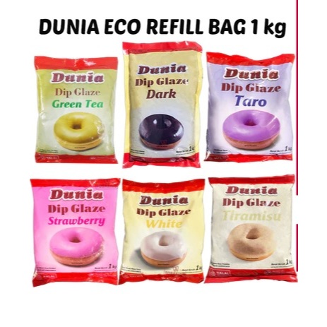 

Dunia Glaze Eco Refill Bag 1 Kg - Topping for Donuts: Dark Strawberry, Taro, Tiramisu, Green Tea - HALAL