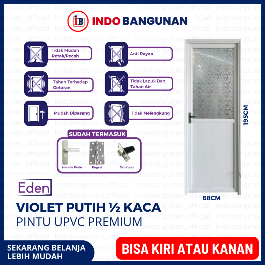PINTU KAMAR MANDI WC 1/2 KACA ALUMUNIUM KUAT TAHAN CUACA 65X198 EDEN VIOLET PUTIH