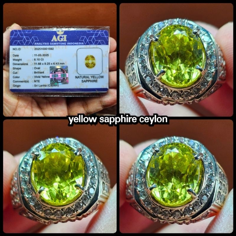 natural yellow sapphire super kristal asli ceylon + ring perak