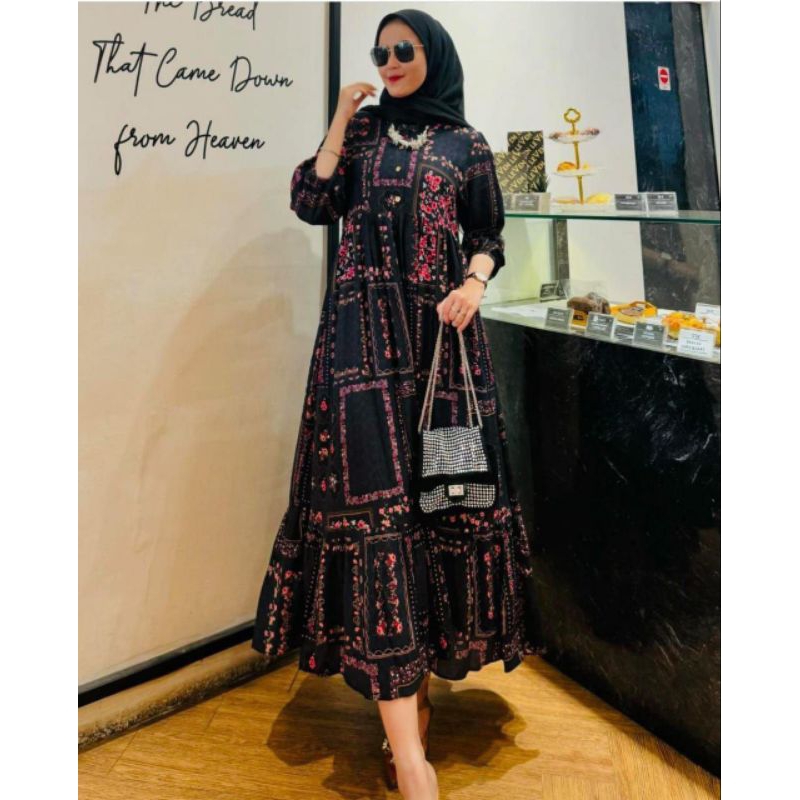 Gamis Rayon motif / midi dress rayon motif bunga / gamis Muslim Dewasa