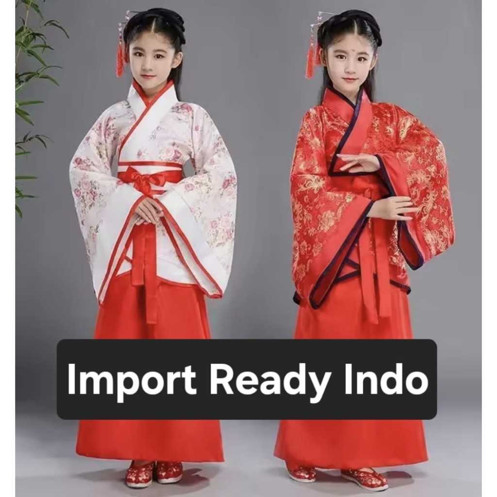 Kostum hanfu baju tradisional cina china cheongsam imlek import merah putih motif bunga Chrisan