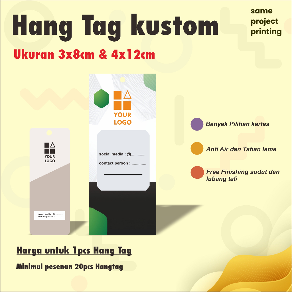 

20pcs Hang Tag Kustom 1 sisi ukuran 3x8 dan 4x12 / Hang Tag Baju/ Label Harga/ Label Produk