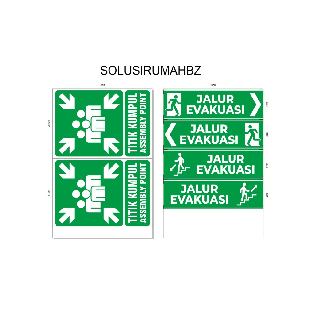 

LABEL STIKER TOKO PAKET 33X9CM 4pcs JALUR EVAKUASI + 30x21cm X 2PCS TITIK KUMPUL ASSEMBLY POINT