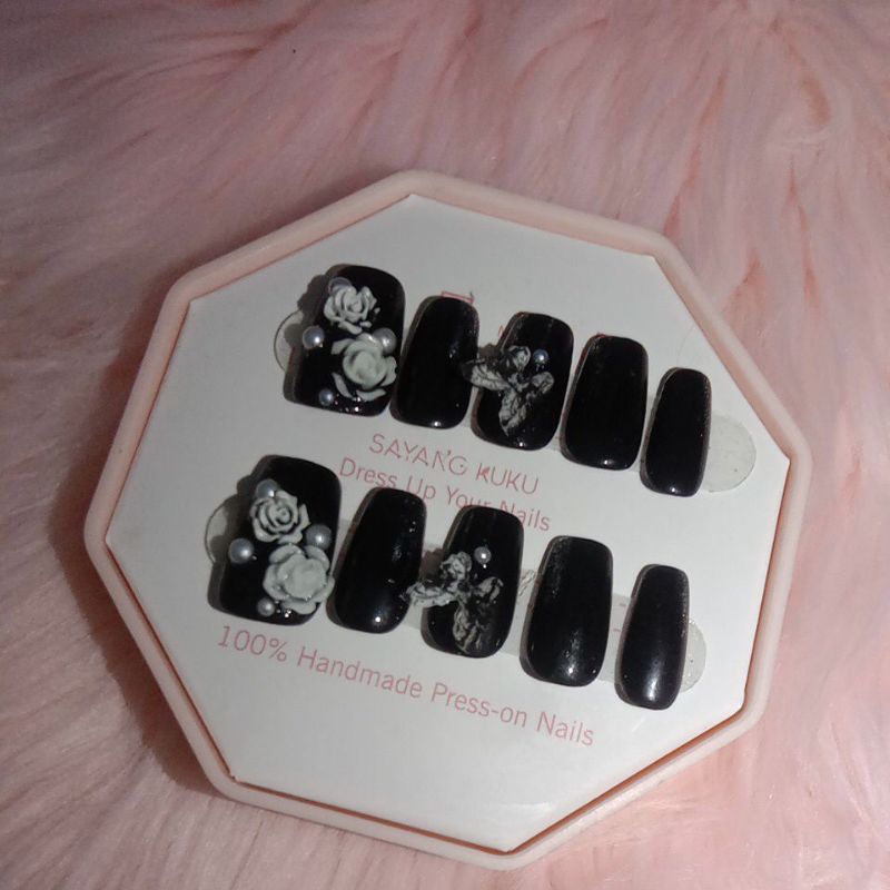 Press on nails warna hitam | Kuku tempel warna hitam  3D | Fake nails | Kuku palsu hitam
