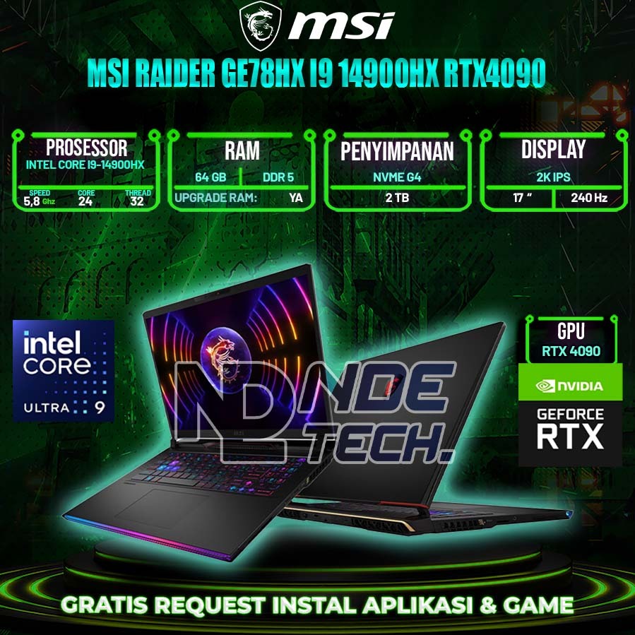 MSI Raider GE78HX Laptop Gaming 17" Core i9-14900HX RTX 4090 32GB 2TB SSD Hitam