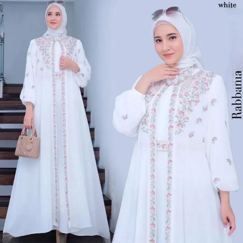 Gamis Wanita Terlaris 2025 Rabbania Dress Ceruty Babydoll Mix Bordir Busui Lebaran Mewah Putih