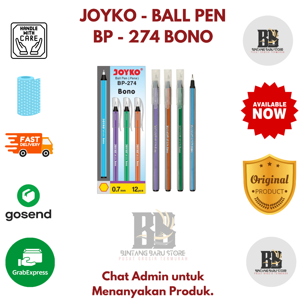 

[HARGA 1 LUSIN] JOYKO - BALL PEN / PENA 0.7mm BP - 274 BONO - TINTA HITAM