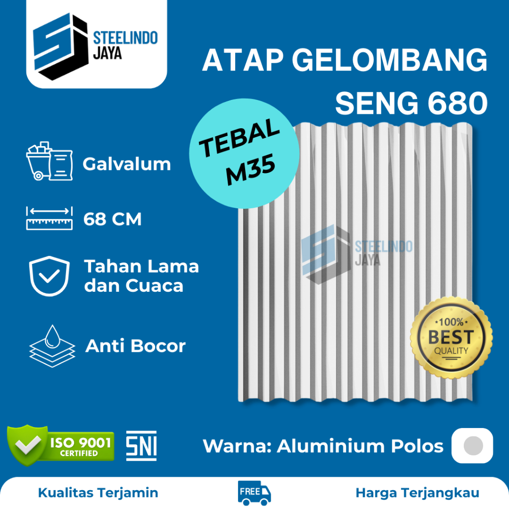 Atap Seng Gelombang Aluminium Lebar 680mm Tebal 0,35mm (M035) Panjang 1 - 6 Meter