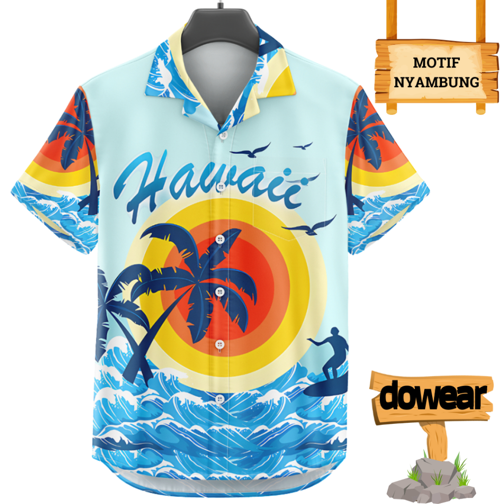 Dowear Baju Kemeja Motif Kekinian Cowok Cewek Bali Pantai Surfing Hawai Jumbo 678 OMBAK HAWAI