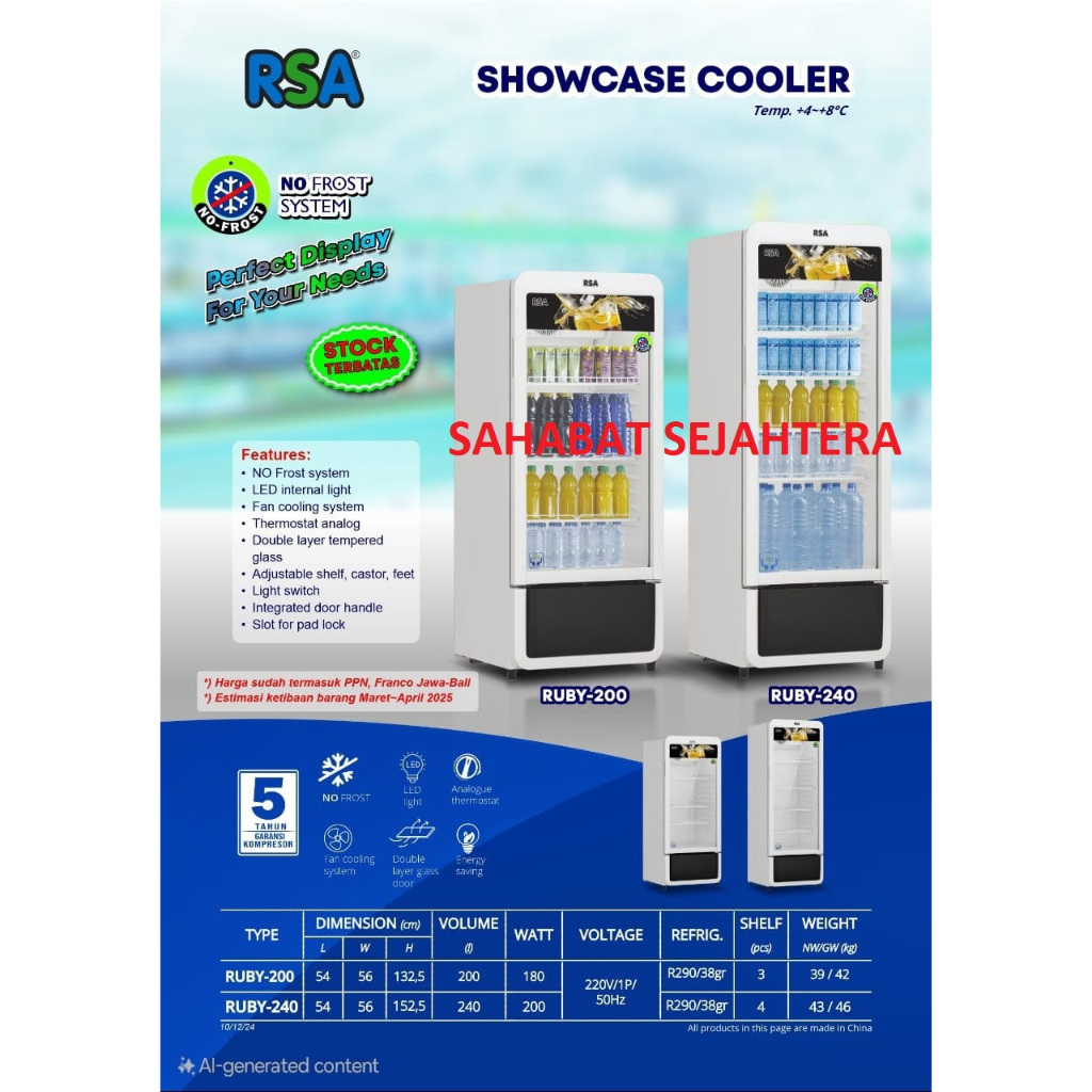 RSA Display Cooler RUBY-200 Kulkas Showcase Minuman 1 Pintu - Pendingin Minuman Hemat Listrik
