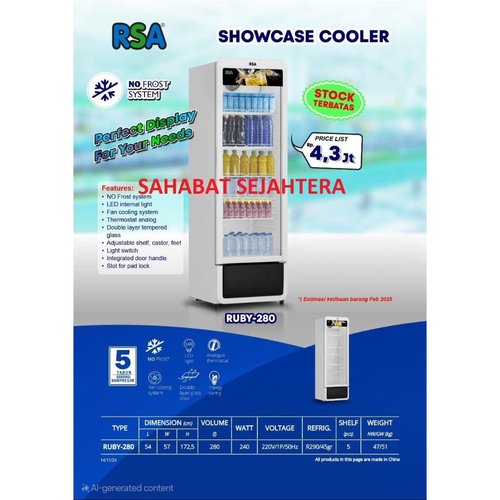 RSA Display Cooler RUBY-280 Kulkas Showcase Minuman 1 Pintu - Pendingin Minuman Hemat Listrik