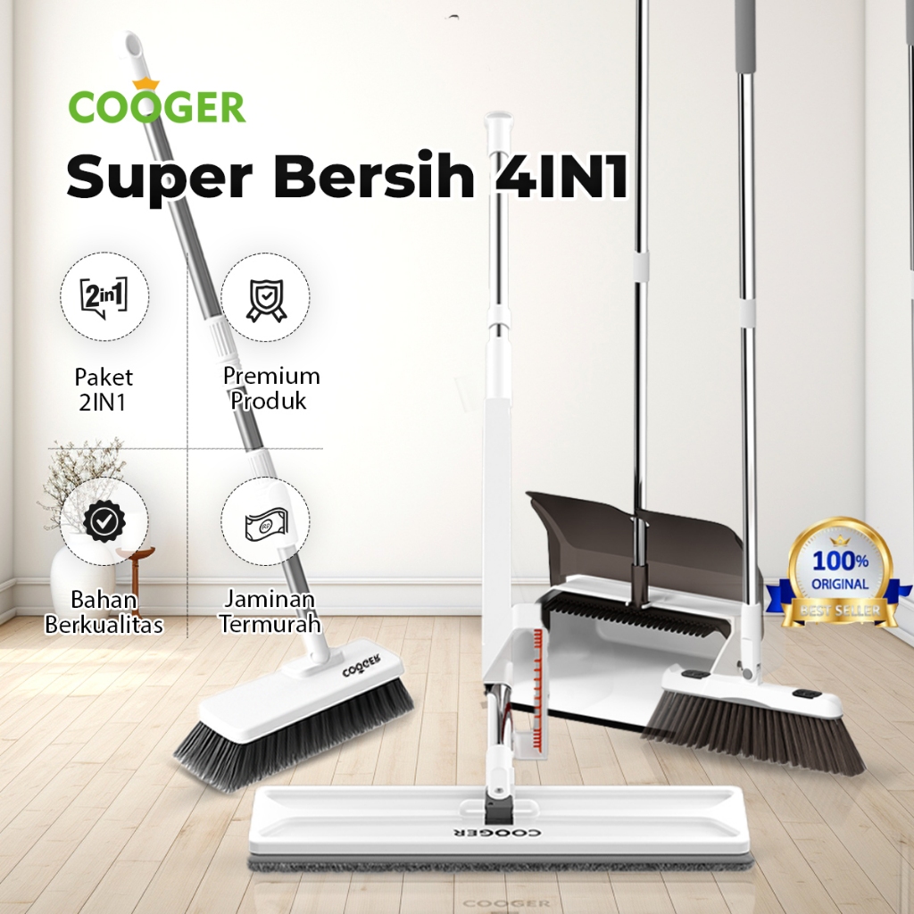 Set alat pembersih lantai 3in1: sapu pengki bulu halus, sikat kamar mandi, dan pel praktis serbaguna