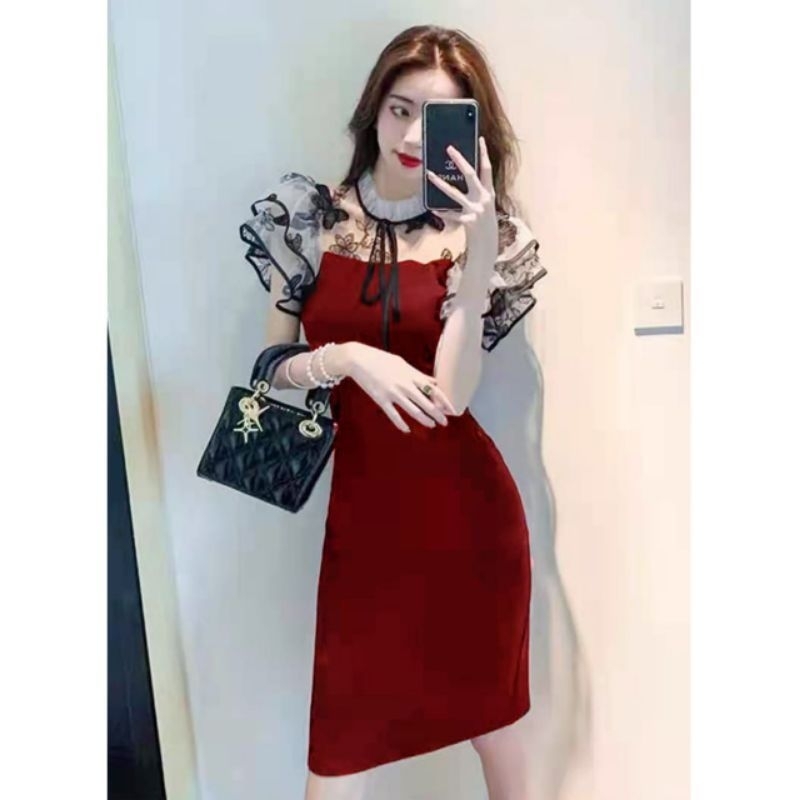 Bodycon Dress Bahan Wedges Kombi Organza Good Quality/Dress Kekinian/Dress Terbaru/Dress Cantik/Dres