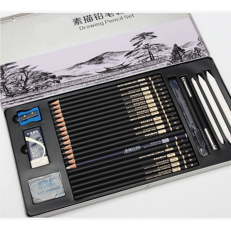 

nyoni drawing pencil gambar set 29pcs metal tin box pensil gambar lukis seketsa paket lengkap