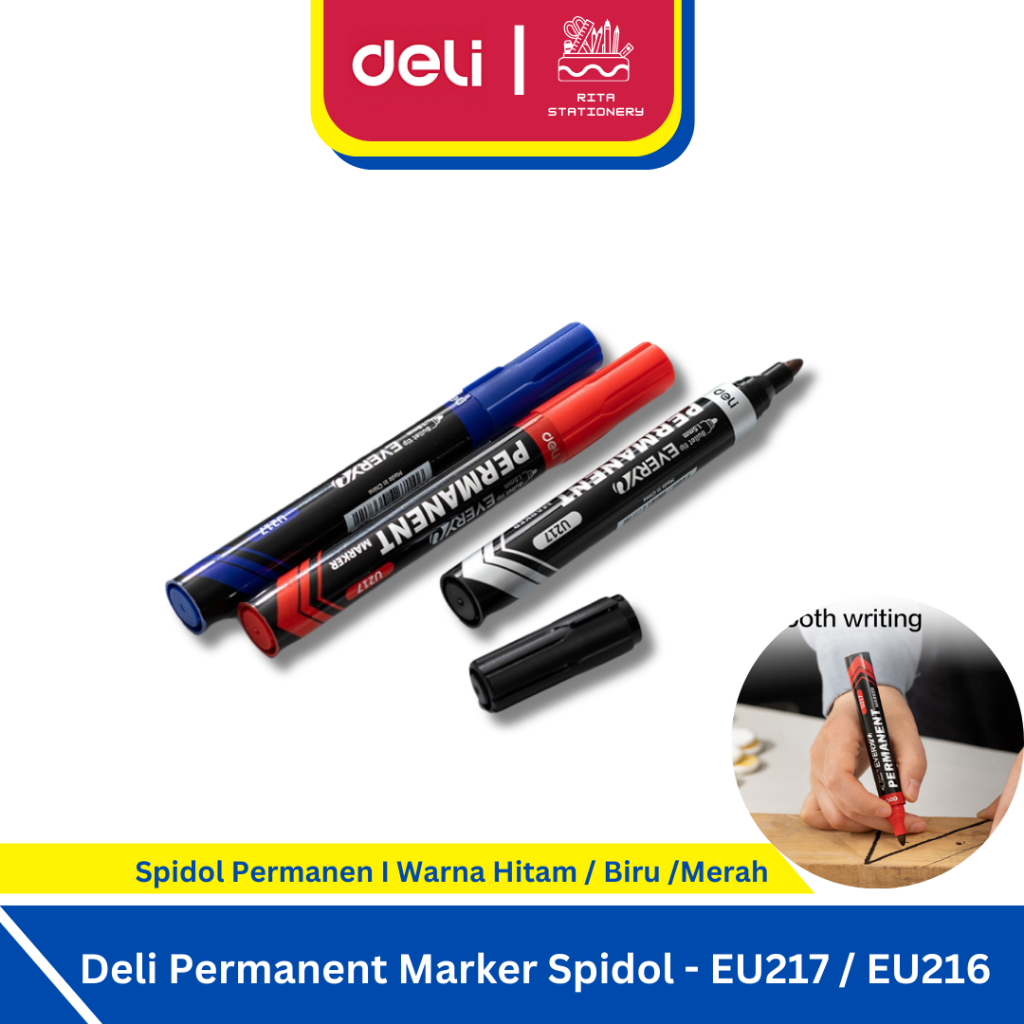 

Deli Spidol Permanen / Permanent Marker Warna HITAM BIRU MERAH Terang Cepat Kering EU217 Satuan eceran- Setara snowman