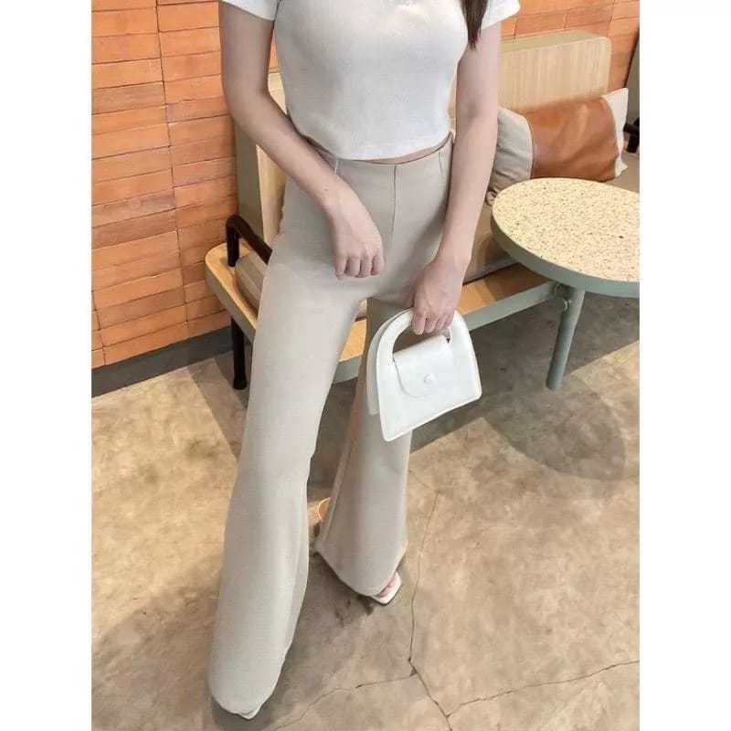 Celana Pants Cutbray Scuba Pinggang Highwaist Melar Elastis Kulot Cutbray Scuba Jumbo Warna Ivory