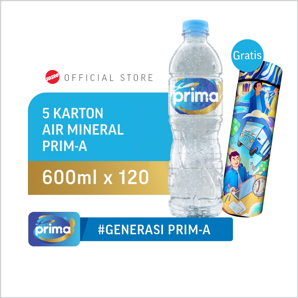 

5 Karton Prim-a Botol Air Mineral 600ml x 24 pcs - Free Tumbler, Total 120 pcs