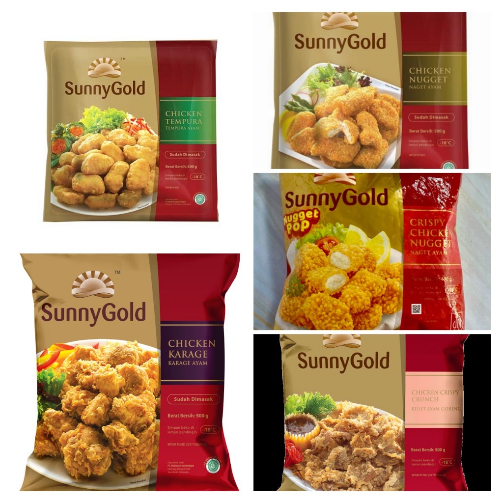 

Sunny Gold Produk Series | Nugget Ori, Karage, Nugget Pop, Crunch, Tempura Ayam 500gr