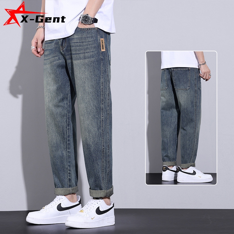 X-Gent celana gombrong jeans pria S-5XL straight baggy denim selvedge pants korean style