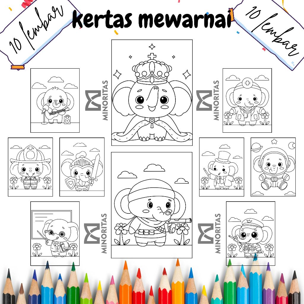 

10 Lembar Kertas Mewarnai Gajah A (TERMURAH DI SHOPEE) Tebal 80 gsm