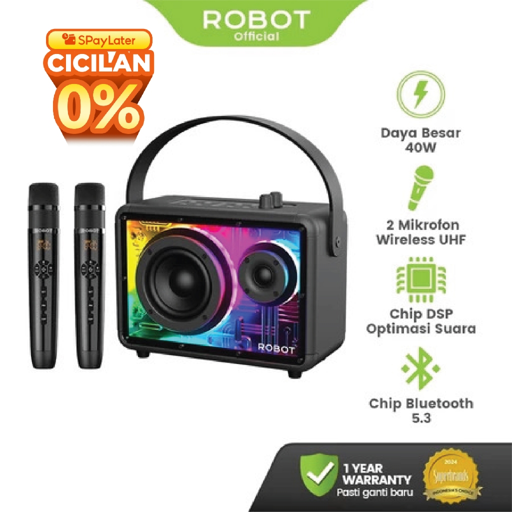 ROBOT Speaker Karaoke Outdoor RGB 40W RGB Bluetooth 5.3 With 2 Microphone Wireless UHF Speaker Super