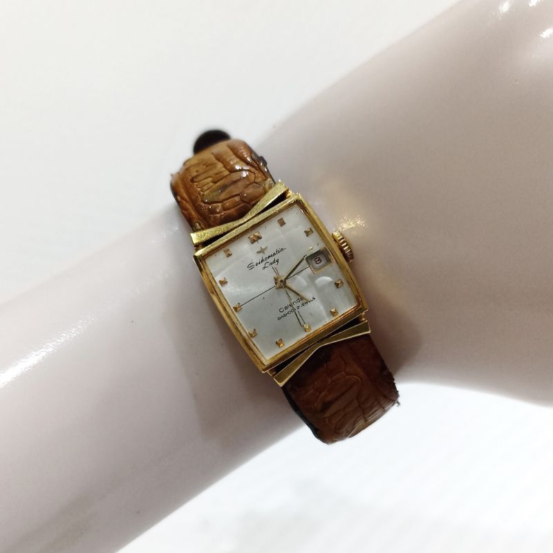 Jam Tangan Seiko Vintage Seikomatic Lady Calendar Gold Plated 2505-7010 Automatic Kulit Wanita