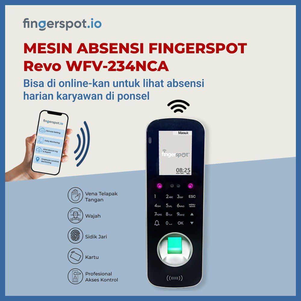 Paket Online Mesin Absensi Finger Print (Sidik Jari) Fingerspot Revo WFV-234NCA WIFI & Aplikasi Fing