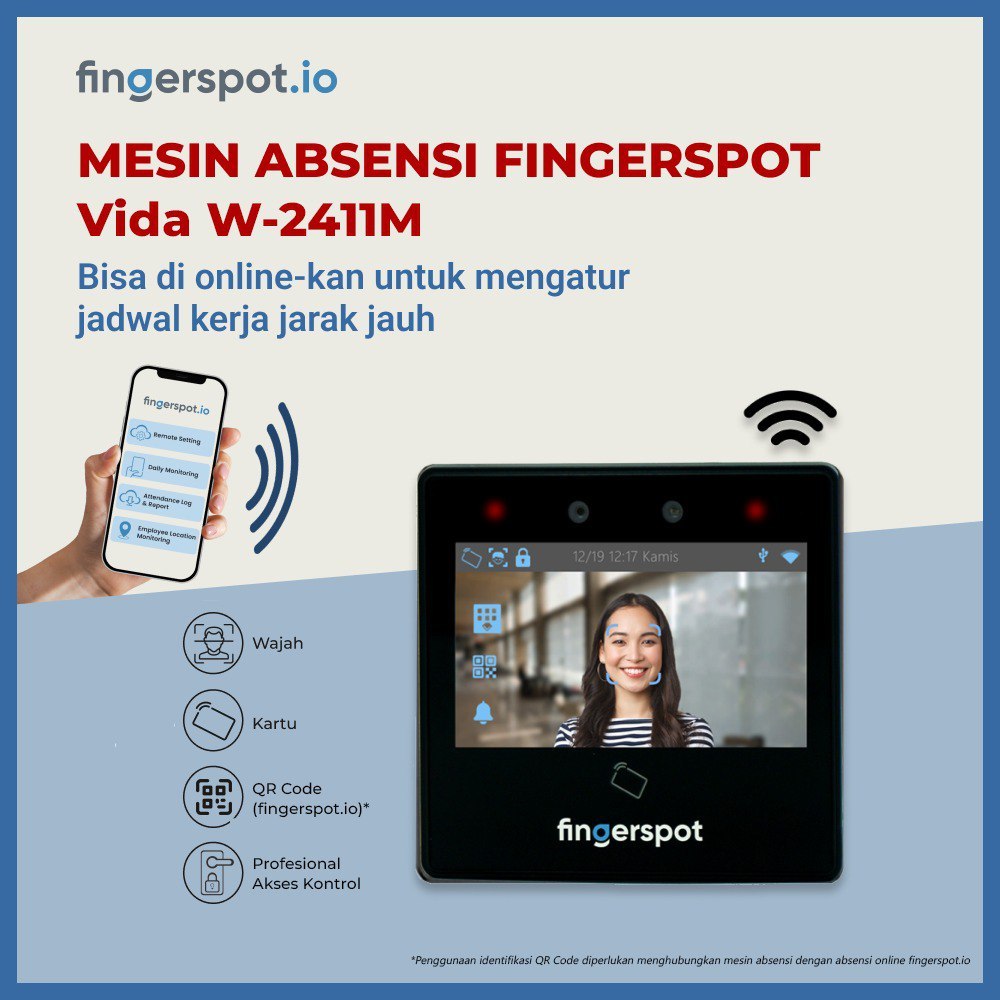 Paket Online Mesin Absensi Finger Print (Sidik Jari) Fingerspot Vida W-2411M WIFI & Aplikasi Fingers