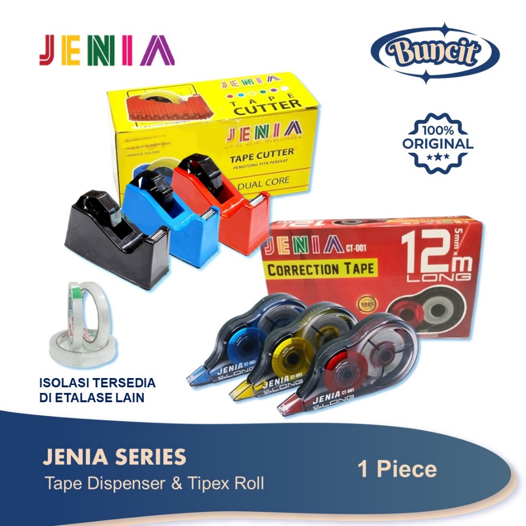 Tape Dispenser isolasi Jenia / Tape Cutter / Tipex Kertas / Corrextion Tape / Tipex Roll 12 Meter
