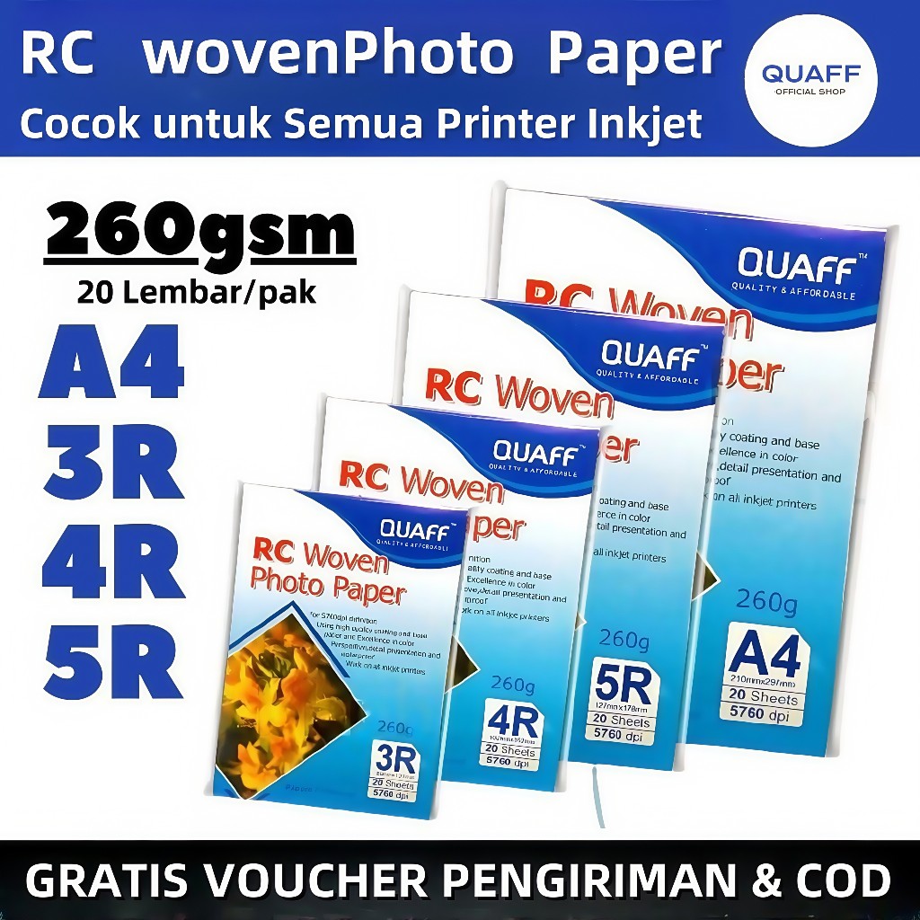 Quaff RC Woven Photo Paper 260gsm 20 Lembar [A4/5R/4R/3R] - Kertas Foto Resin Tahan Air & UV, Cetak 